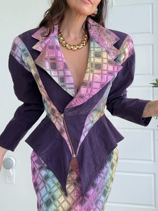 Cache Jackets & Blazers - VTG Rare Cache Rainbow Purple Peplum Mugler-esque Corset Style 80s Blazer Set